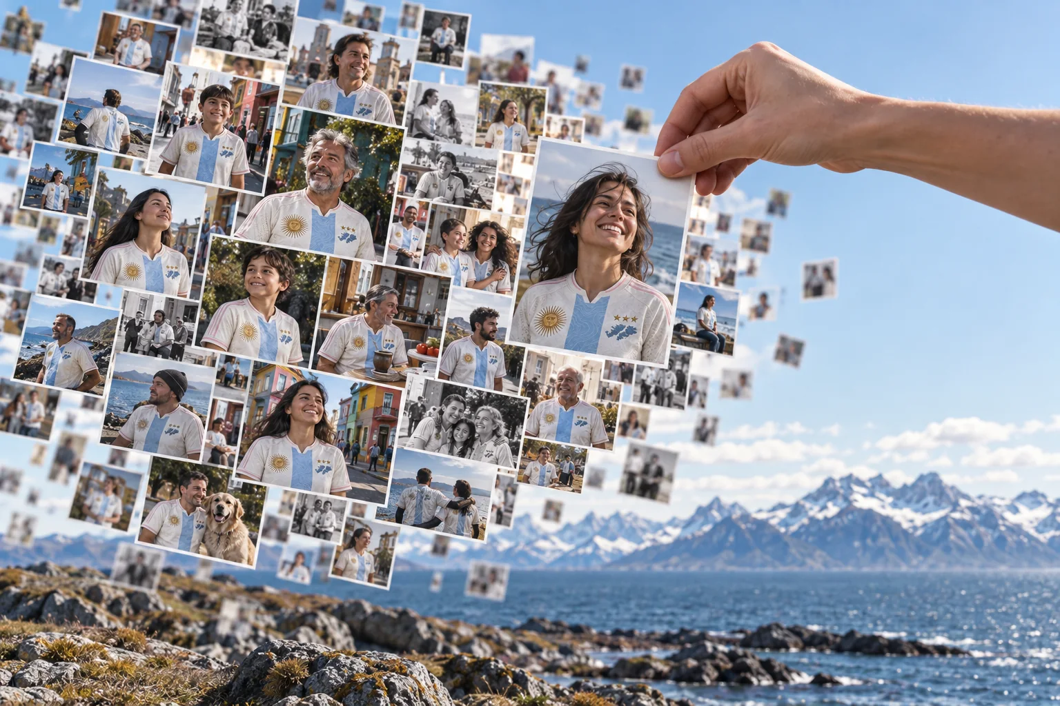 Una nube de fotos impresas de personas con la camiseta de la obra, sobre la costa de Tierra del Fuego; una mano suma una foto más