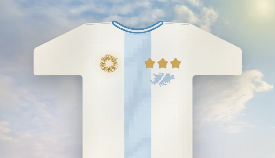 La camiseta de la obra sobre el cielo: el sol, las tres estrellas y la silueta de las Malvinas