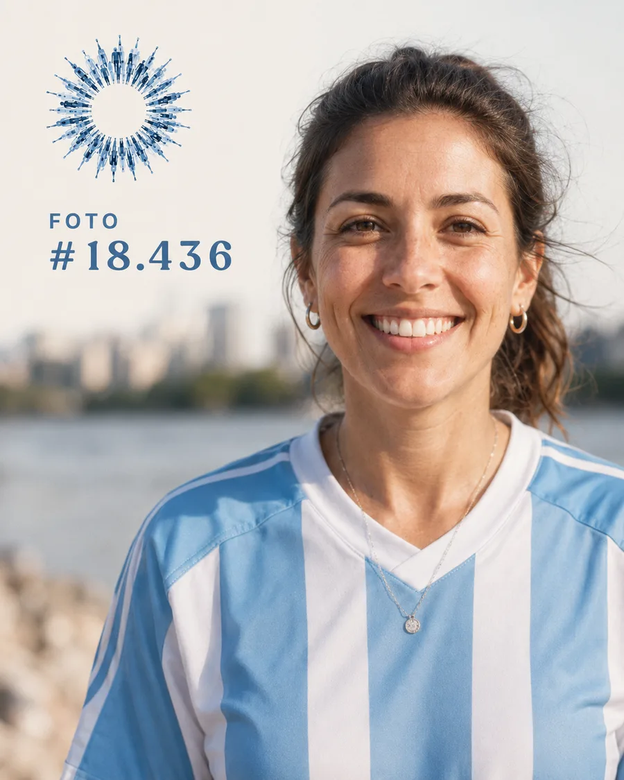 Mariana sonríe con la camiseta argentina frente al río
