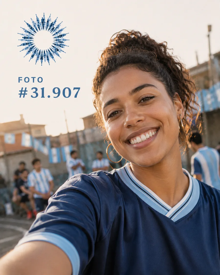 Lucía sonríe en el potrero del barrio, con banderas argentinas de fondo